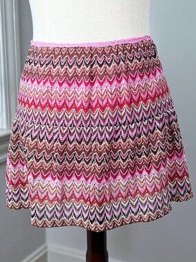Vintage Y2K Chevron Crochet Knit Mini Skirt Large Pink Zigzag Tiered Beach